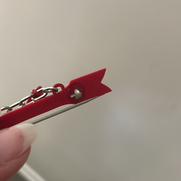 1940s Celluloid Early Plastic Patriotic Red Arrow Brooch w Charms K J C Initials - Picture 14 of 17